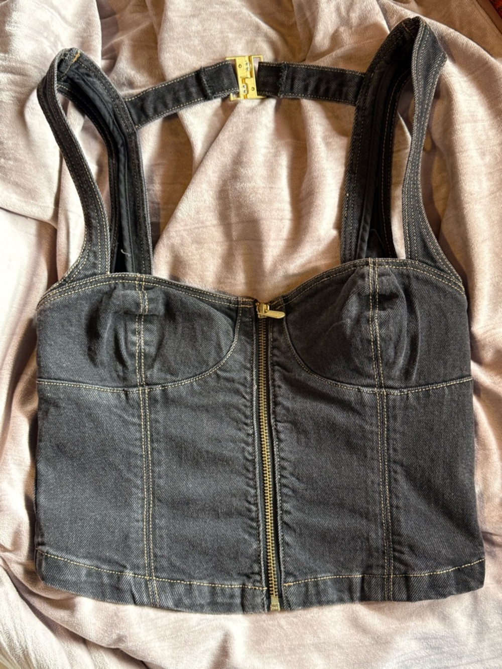 Abrand Black Denim Bustier Crop Top with Gold Clasp